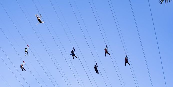 Tourist enjoying the FlyLinq Zipline at Las Vegas Strip, Las Vegas Nevada USA, March 30, 2020