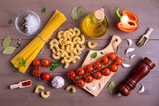 Close-up top view of ingredients for making Italian pasta. Healthy and wholesome food concept. Selective focus.