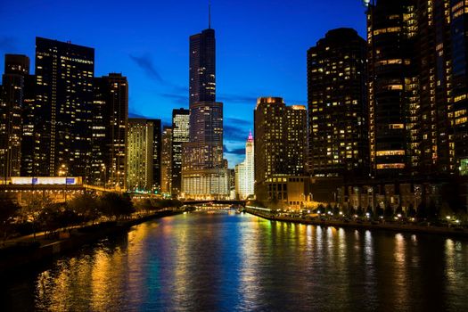 Chicago along the river at night. Chicago, Illinois, USA,