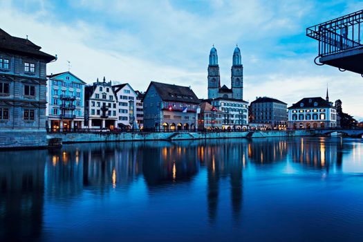 Grossmunster Church and Limmat River. Zurich, Switzerland