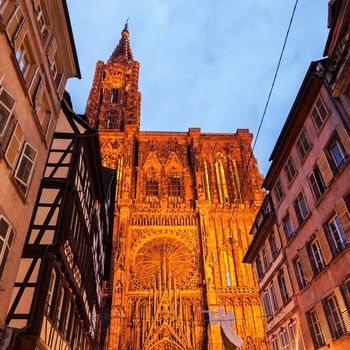 Old Town architecture with Strasbourg Minster. Strasbourg, Alsace, France