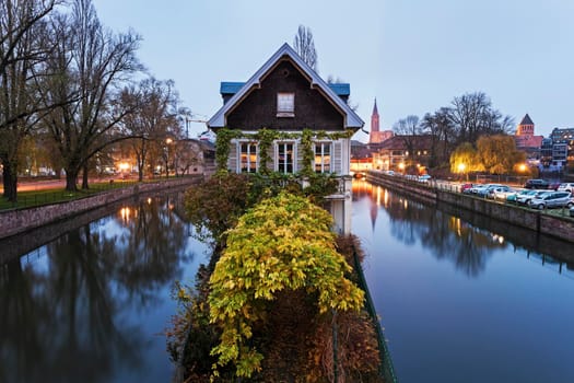 Petite-France architecture at dusk. Strasbourg, Alsace, France