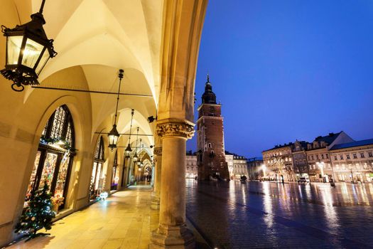 Krakow Rathaus Tower seen from arches of Cloth Hall. Krakow, Poland
