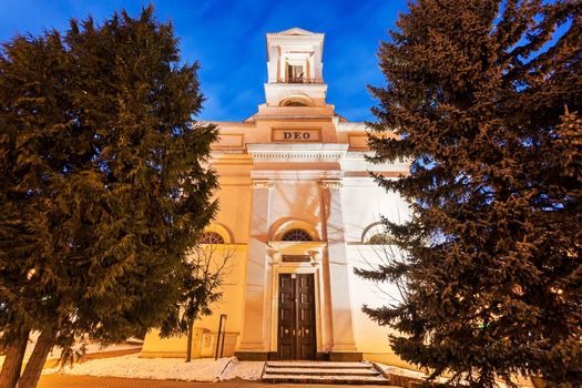 Evangelical Church in Poprad at night. Poprad, Slovakia
