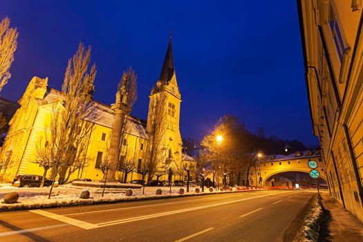 House over Karlov road and St. James's Parish Church. Ljubljana, Slovenia