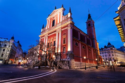Franciscan Church and Preseren Square in Ljubljana. Ljubljana, Slovenia