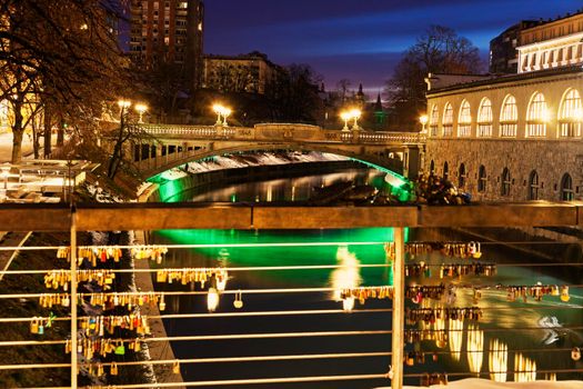 Bridges on Ljubljanica River at sunrise. Ljubljana, Slovenia