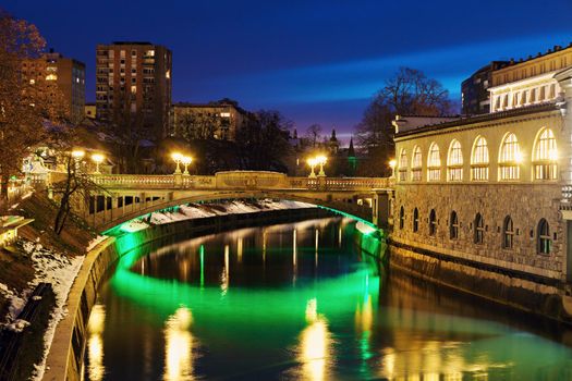 Bridges on Ljubljanica River at night. Ljubljana, Slovenia