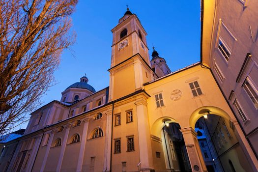 Saint Nicholas Cathedral in Ljubljana at night. Ljubljana, Slovenia