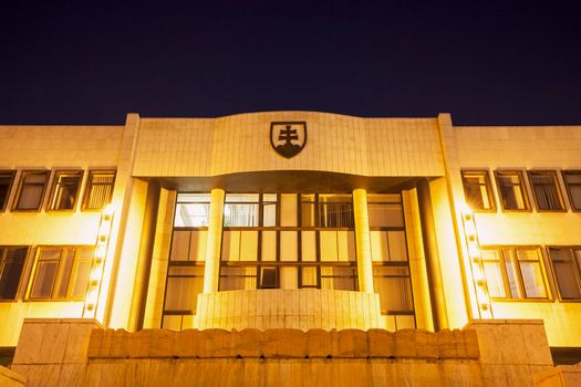 Slovakia Parliament Building in Bratislava at night. Bratislava, Slovakia.