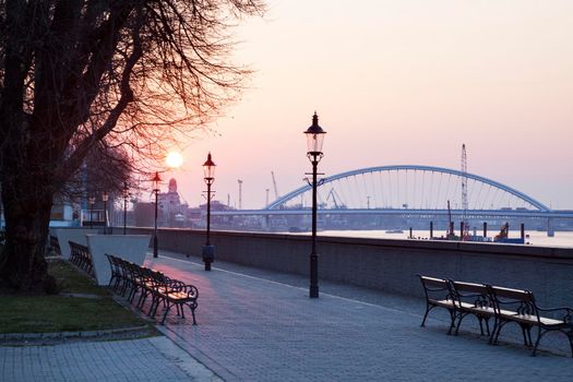 Apollo Bridge on Danube River at sunrise. Bratislava, Slovakia.