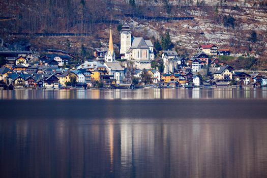 Hallstatt panorama across the lake. Hallstatt, Upper Austria, Austria.