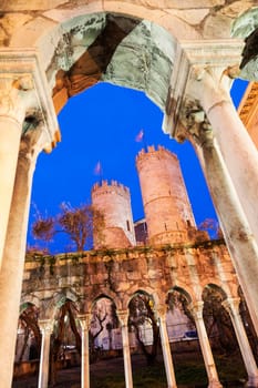 Porta Soprana in Genoa at night. Genoa, Liguria, Italy,