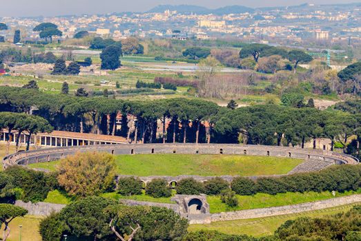 Amphitheatre of Pompei - aerial view. Pompei, Campania, Italy.