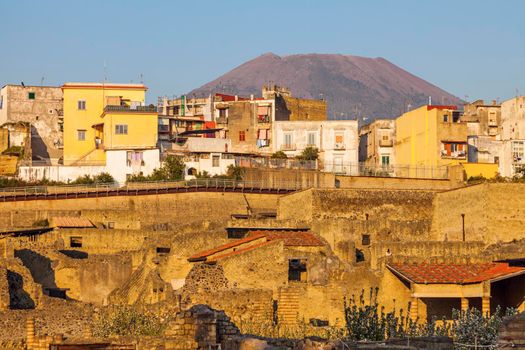 Ruins of Herculaneum and Mt Vesuvius. Ercolano, Campania, Italy