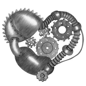 Hand Drawn Illustration of Black and White Steampunk Heart in Gray Colors on White Background. Steampunk Heart Design Element Drawn by Pencil.