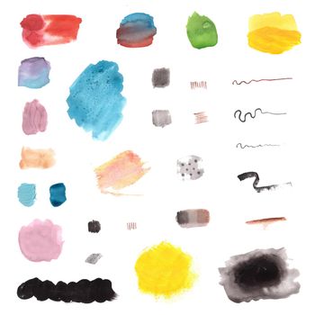 Illustration of Set of Brush Strokes and Stains of Multicolored Watercolor of Various Sizes and Shapes on White Background.