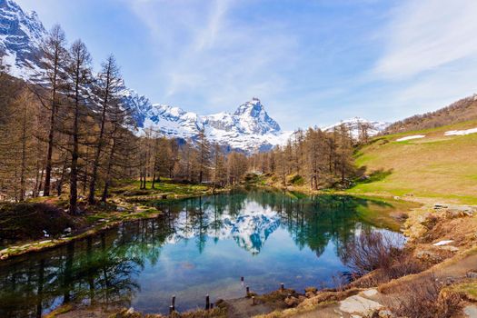 Matterhorn reflected in Blue Lake Breuil-Cervinia, Aosta Valley, Italy.