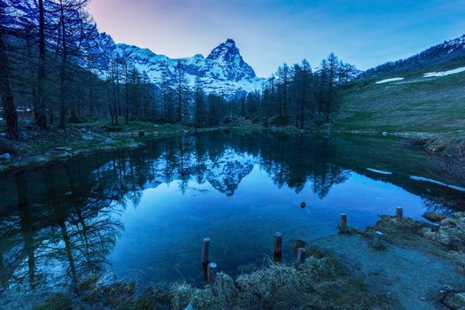 Matterhorn reflected in Blue Lake Breuil-Cervinia, Aosta Valley, Italy.