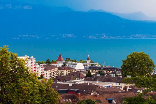 Lausanne architecture and Lake Geneva. Lausanne, Vaud, Switzerland.
