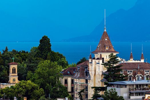 Lausanne architecture and Lake Geneva. Lausanne, Vaud, Switzerland.