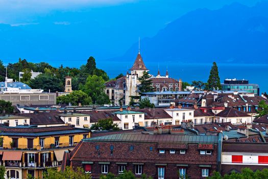 Lausanne architecture and Lake Geneva. Lausanne, Vaud, Switzerland.