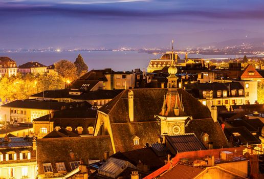 Lausanne panorama with city hall at night. Lausanne, Vaud, Switzerland.
