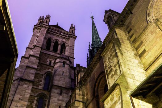 Cathedral Saint Pierre in Geneva at night. Geneva, Switzerland.
