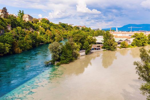 Confluence of the Rhone and Arve Rivers in Geneva. Geneva, Switzerland.