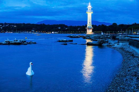 Geneva Lighthouse seen at night. Geneva, Switzerland.