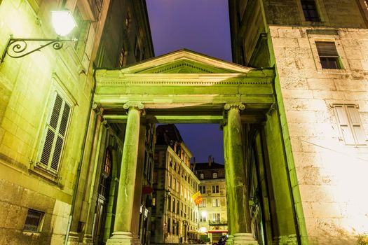 Architecture of Geneva Old Town at night. Geneva, Switzerland.
