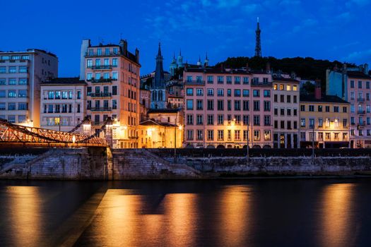 Architecture of Lyon along Saone River river. Lyon, Rhone-Alpes, France.
