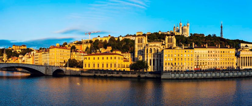 Basilica of Notre-Dame de Fourviere and Lyon Cathedral in the morning. Lyon, Rhone-Alpes, France.