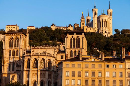 Basilica of Notre-Dame de Fourviere and Lyon Cathedral in the morning. Lyon, Rhone-Alpes, France.