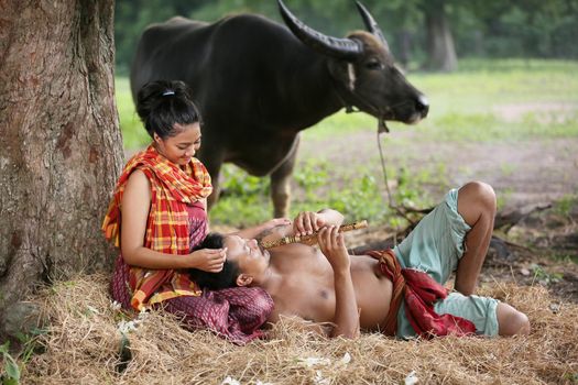 Couple love of Asian Young man and women sitting under tree against buffalo and natural background, rural way of life in the Northeast of Thailand. A young man was blowing a bamboo mouth organ to his lover.