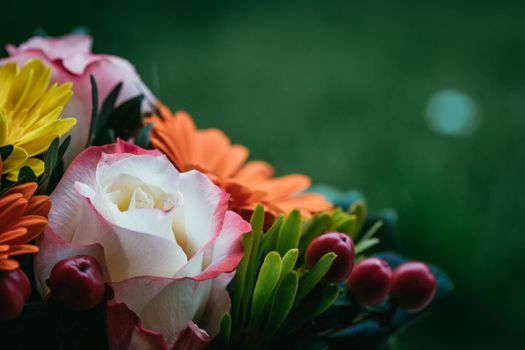 Close up of tender pink rose in a floral bouquet