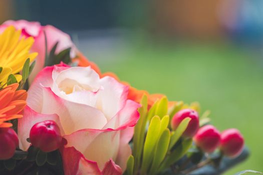 Close up of tender pink rose in a floral bouquet