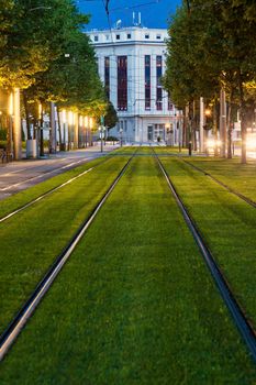 Tram rails in Grenoble. Grenoble, Auvergne-Rhone-Alpes, France