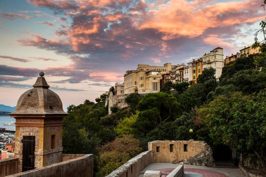 Monaco architecture seen during the sunset. Monaco-Ville, Monaco.