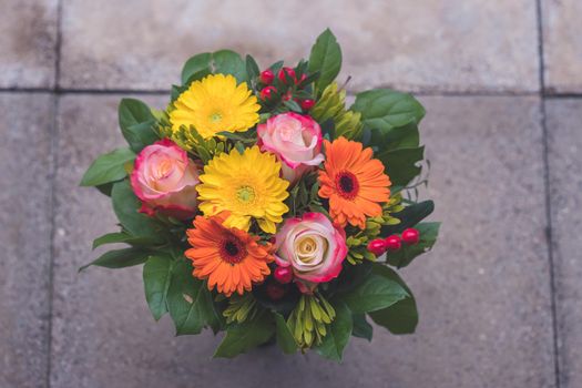 Close up of spring flower bouquet with gerbera and roses