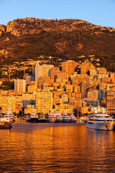 Port Hercule in Monaco at sunrise. Monaco.