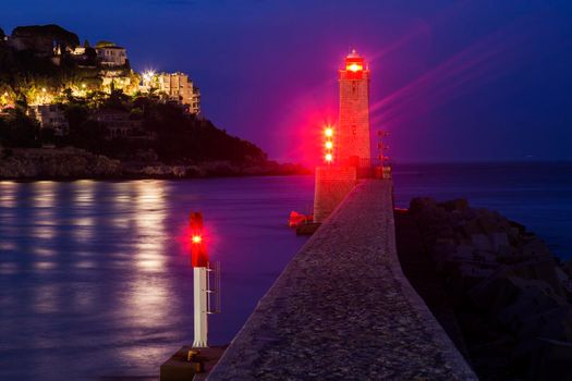 Nice Lighthouse at night. Nice, French Riviera, France.