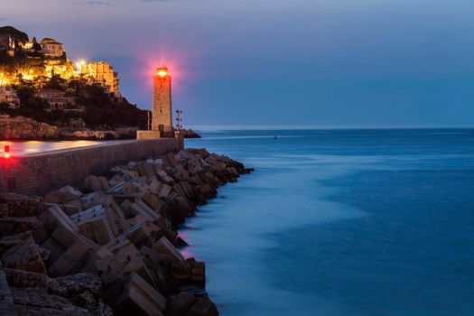 Nice Lighthouse at sunrise. Nice, French Riviera, France.