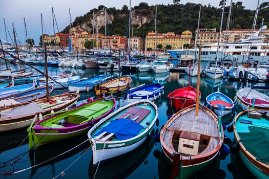 Colorful boats in Nice. Nice, French Riviera, France.