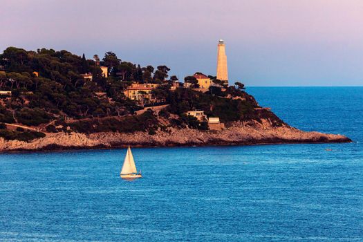 Cap Ferrat lighthouse in Saint Jean Cap Ferrat. Saint Jean Cap Ferrat, French Riviera, France.