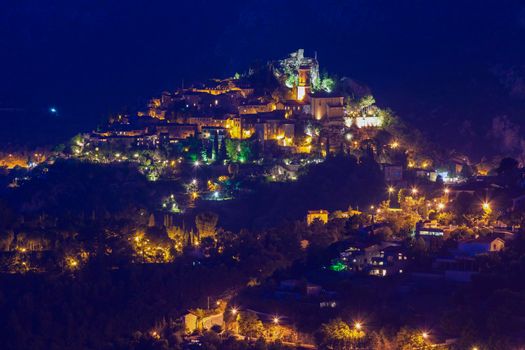 Eze panorama at night. Eze, Provence-Alpes-Cote d'Azur, France.