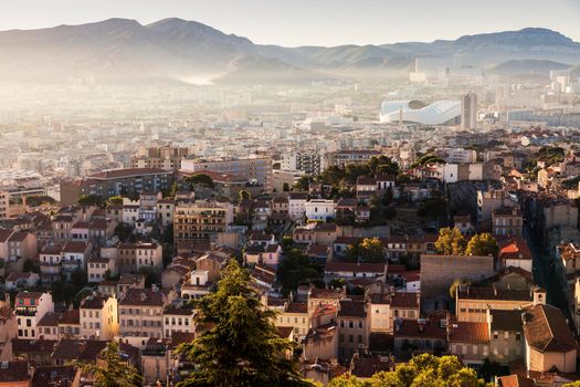 Architecture of Marseille - aerial view at sunrise. Marseille, Provence-Alpes-Cote d'Azur, France.