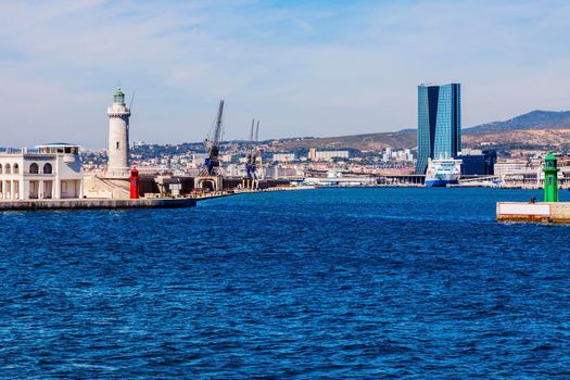 Marseille lighthouses and city panorama. Marseille, Provence-Alpes-Cote d'Azur, France.