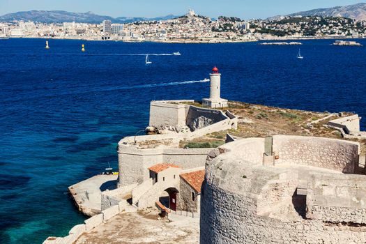 Lighthouse on If island in Marseille. Marseille, Provence-Alpes-Cote d'Azur, France.
