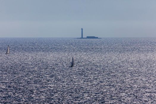 Lone lighthouse on the Mediterranean Sea. Marseille, Provence-Alpes-Cote d'Azur, France.